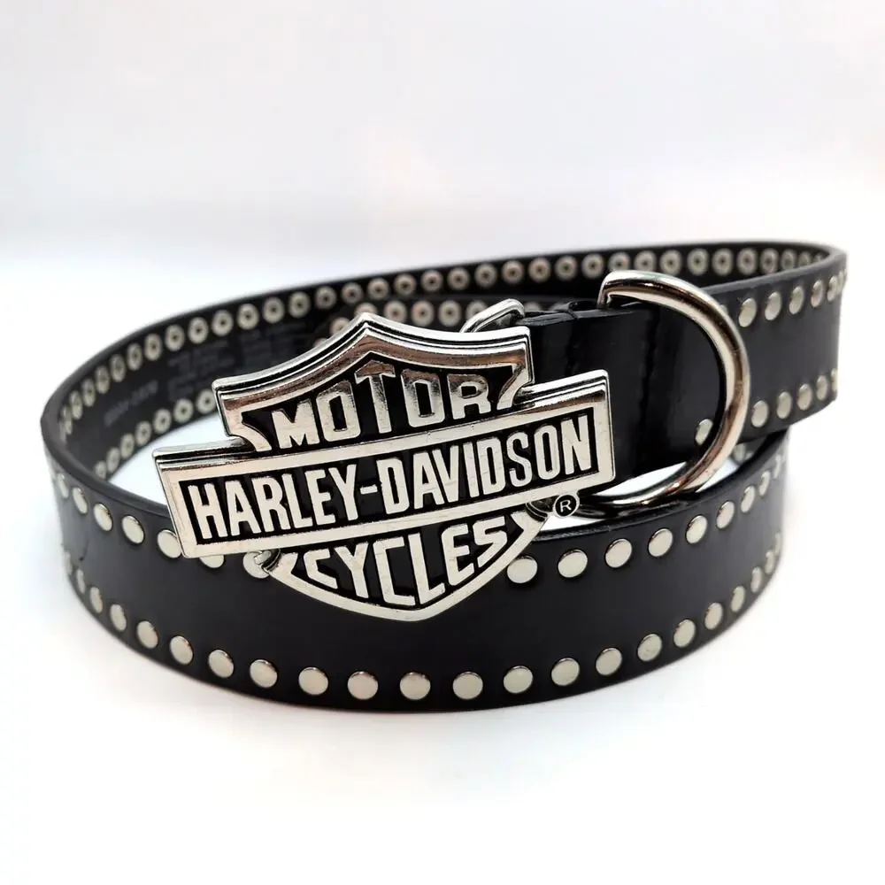 VTG Y2K Harley Davidson Moto Studded Black Leather Belt w/ Buckle 32in-36in